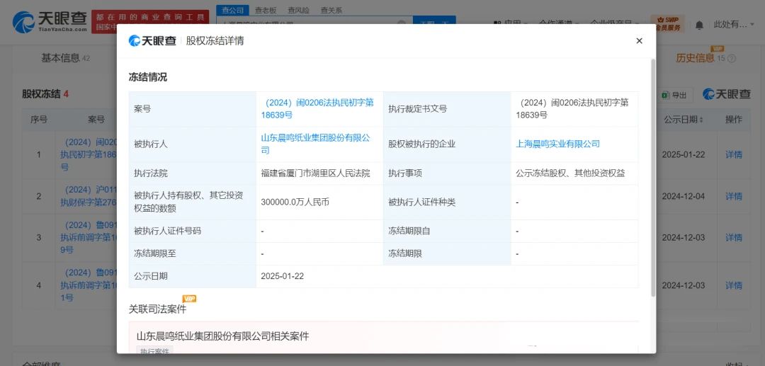 晨鳴紙業被凍結30億股權