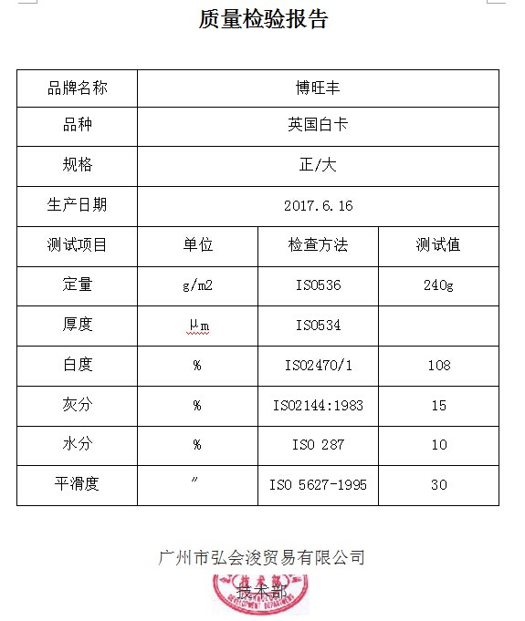 質(zhì)量檢驗(yàn)報(bào)告  英國白卡240g