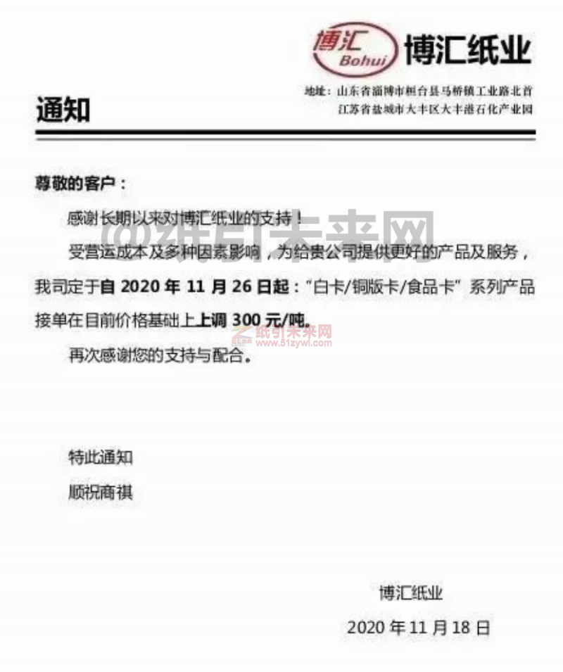 博匯紙業白卡紙漲價函