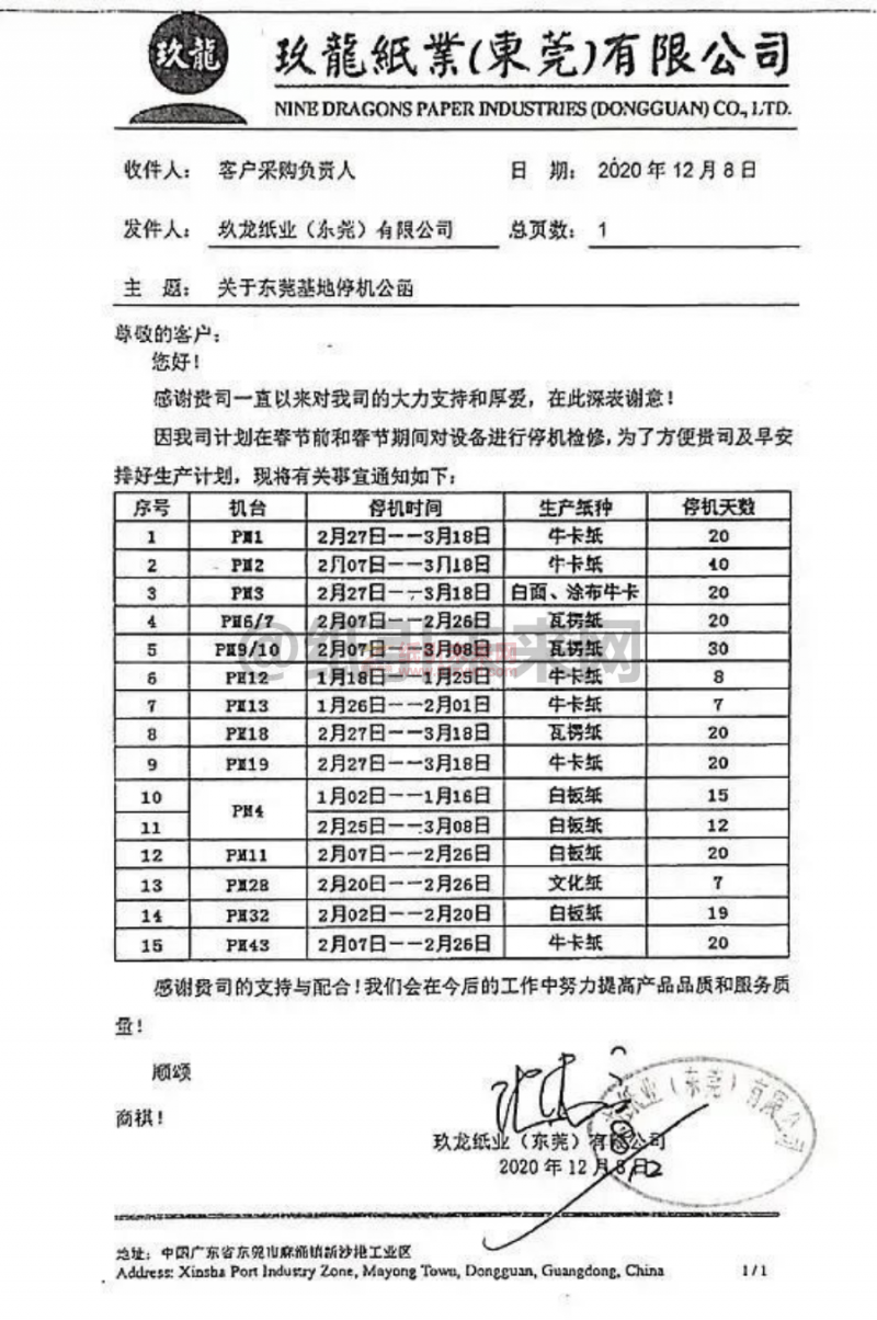 2021年東莞玖龍紙業(yè)春節(jié)停機(jī)檢修計(jì)劃