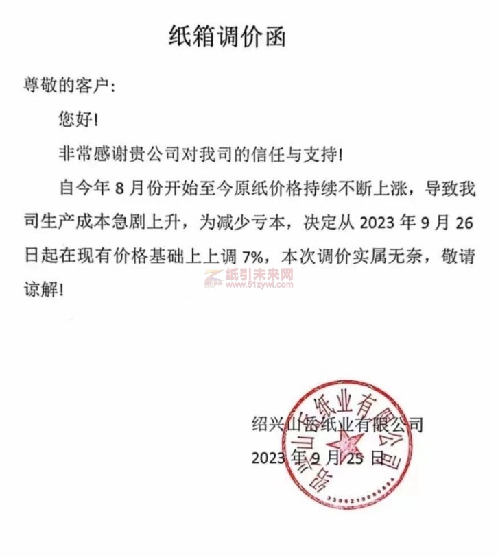 紙箱漲價函