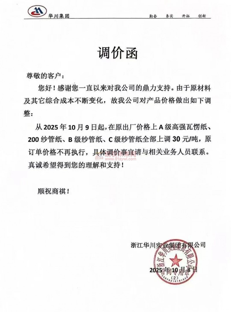 【漲價函通知】浙江華川實業(yè)集國有限公司2025年10月9日起,A級高強(qiáng)瓦愣紙、200紗管紙、B級紗管紙、C級紗管紙價格全部上調(diào)
